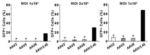 MDA-MB-231 에서 다양한 AAV serotype의 MOI별 유전자 전달