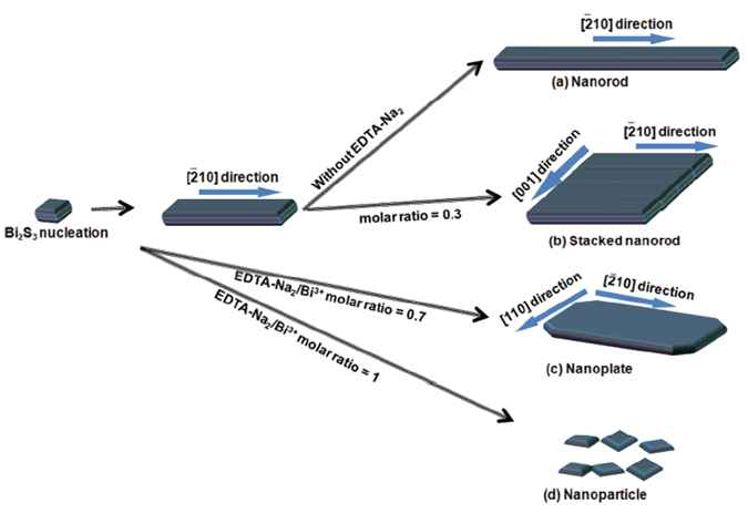 EDTA-Na2/Bi3+ 농도 비율 제어에 따른 Bi2S3 나노구조체의 성장 메카니즘에 관한 모식도