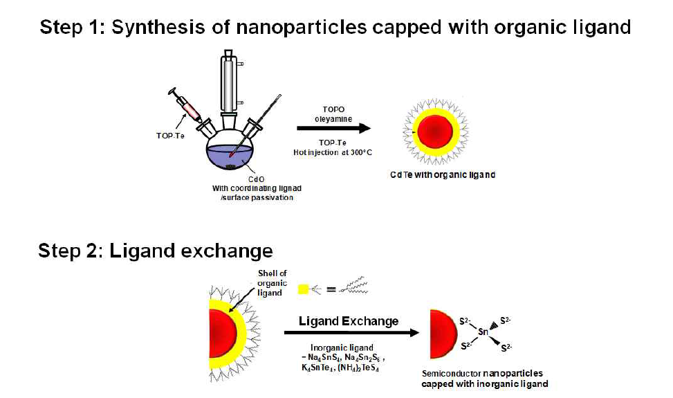 무기리간드로 코팅된 나노입자 열전재료 합성 모식도
