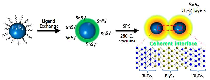 나노구조체와 벌크의 융합을 위해 유기리간드를 무기리간드로 치환하여 연결된 계면을 만들어주는 모식도
