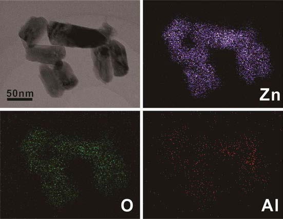 Al이 도핑된 ZnO 나노입자의 주사투과전자현미경 상과 Zn, O, Al 원소에 대한 EDS mapping 결과