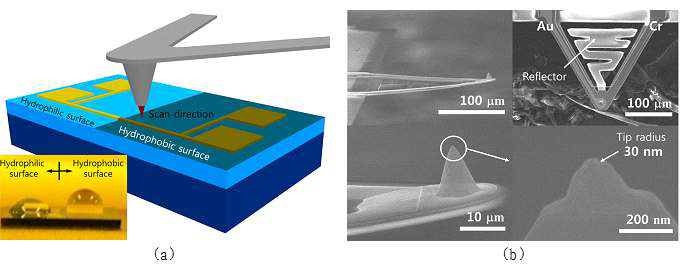 실험에 활용된 시편과 탐침 (a) 소수성/친수성 표면을 갖는 시편의 개형, (b) 실험에 사용된 저잡음/고해상도 SThM 열전탐침의 전자현미경 이미지
