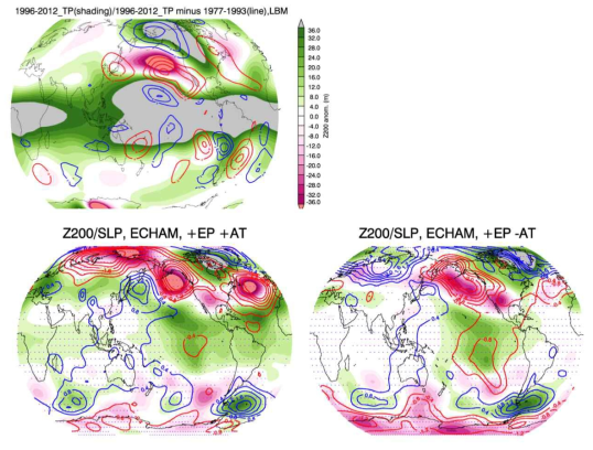 (Upper) LBM response of 200hPa geopotential height anomalies to tropical eastern Pacific warming under global DJF tropical [30S-30N] basic state during 1996-2012 at day 15 (shading). Difference in response under the basic states between 1996-2012 and 1977-1993 is denoted by contours. (Lower) Difference of DJF Z200 (shading) and SLP (contour) anomalies between control experiment and tropical SST experiments conducted from ECHAM4.6 AGCM: (left) both warming of eastern Pacific and Atlantic Ocean, (right) eastern Pacific warming but Atlantic Ocean cooling