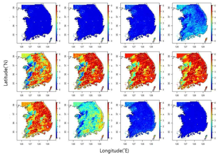 시그모이드 함수 기반 2018년 MODIS LAI월 별 공간분포