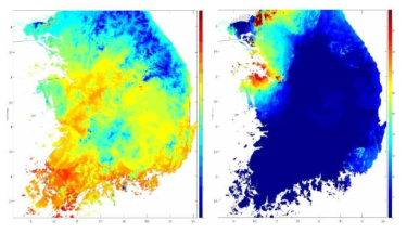 PRISM으로 얻은 우리나라 기온(오른쪽)과 강수량(왼쪽) 고해상도 공간분포도, 2008년 8월 1일 기준 (격자크기: 500m)