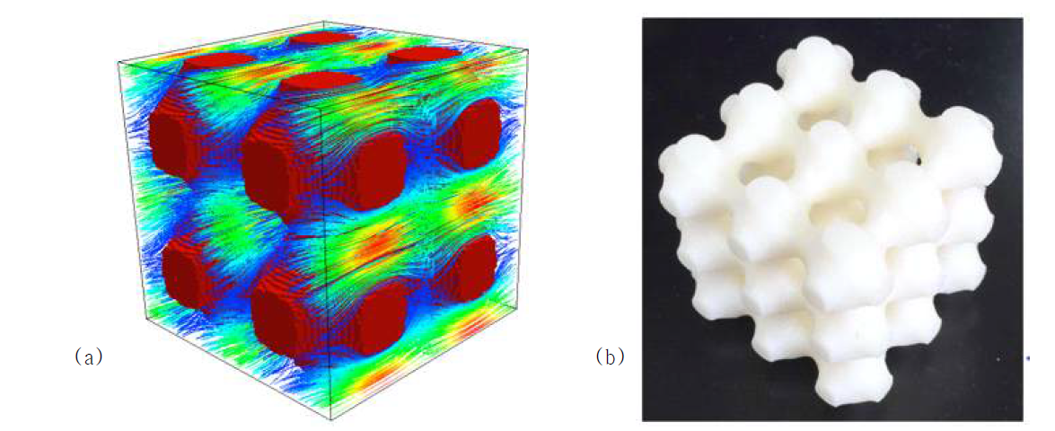 (a) 60%의 다공률을 가지는 모델에 대한 CFD 해석 결과, (b) 3차원 프린터 출력 모델