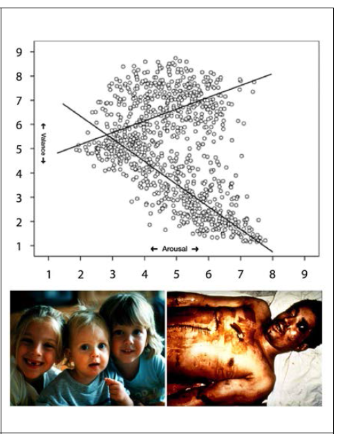 IAPS 2005 버전의 평정 결과와 자극물 예시 (세로 : 정서가(쾌-불쾌, valence), 가로 : 각성수준(arousal). (Calvo & Avero, 2009)