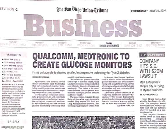 기사 San Diago Union-Tribune지; “Qualcom m, Medtronic To Create Glucose Monitors