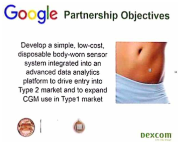 Google-Dexcom 파트너십을 통해 개발될 초소형 연속혈당측정 시스템 (2015년 9월 EASD에서 Dexcom에 의해 발표된 자료의 사진)