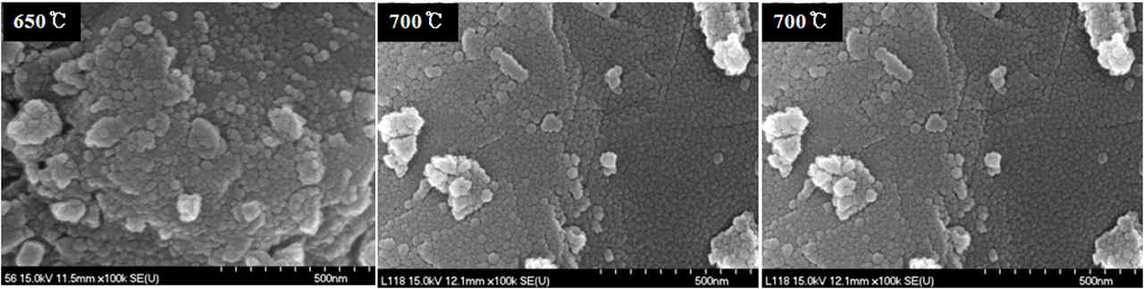 SEM images of Li2CoPO4F calcined by quenching at various temperatures