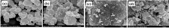 SEM images of Li2CoPO4F materials obtained at different temperatures by sol-gel method. Pre-calcined samples at 400℃ for 10 hrs were recalcined at (a) 600℃, (b) 650℃, (c) 700℃, and (d) 750℃ for 1.5 hrs