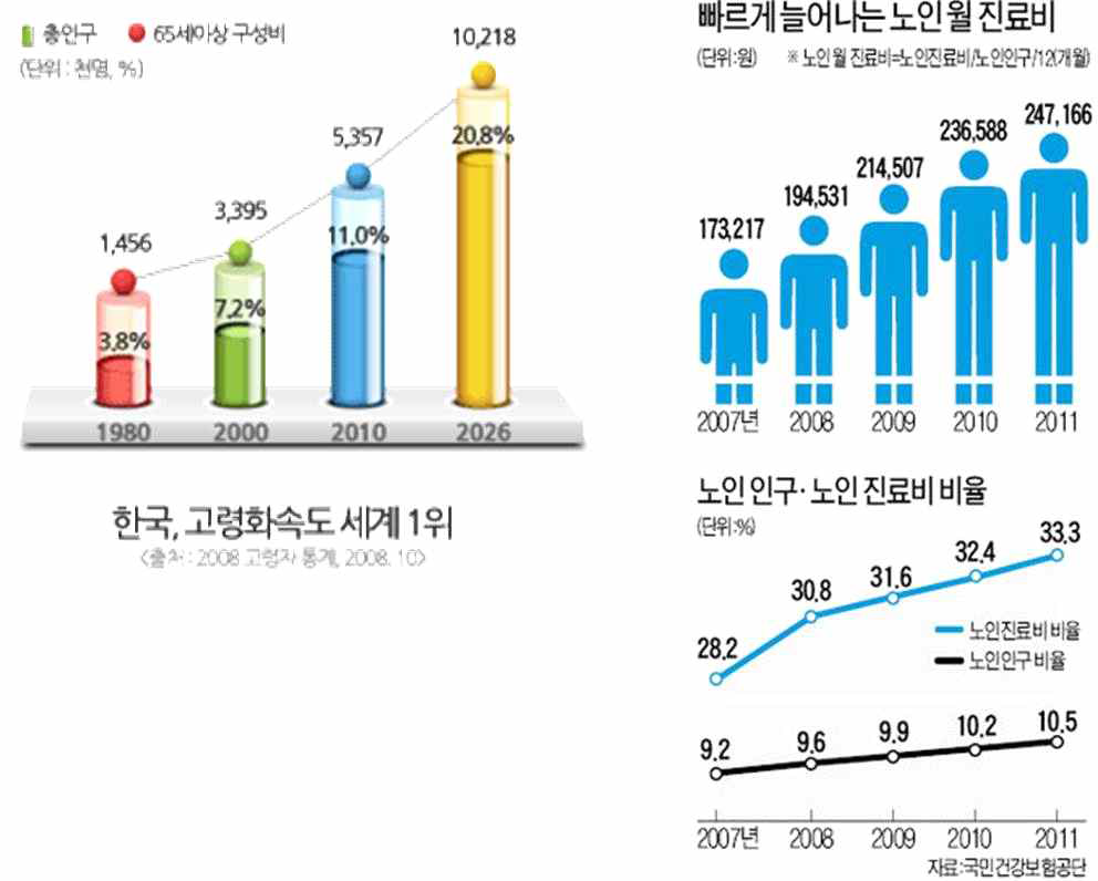 한국 고령화 및 노인 진료비 증가 추이