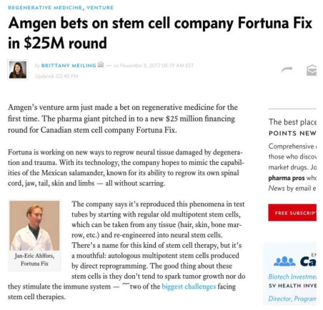 Fortuna Fix사의 파킨슨병 치료제로서의 iNSC개발 및 이에 대한 투자(https://endpts.com/amgen-bets-on-stem-cell-company-fortuna-fix-in-25m-round/)