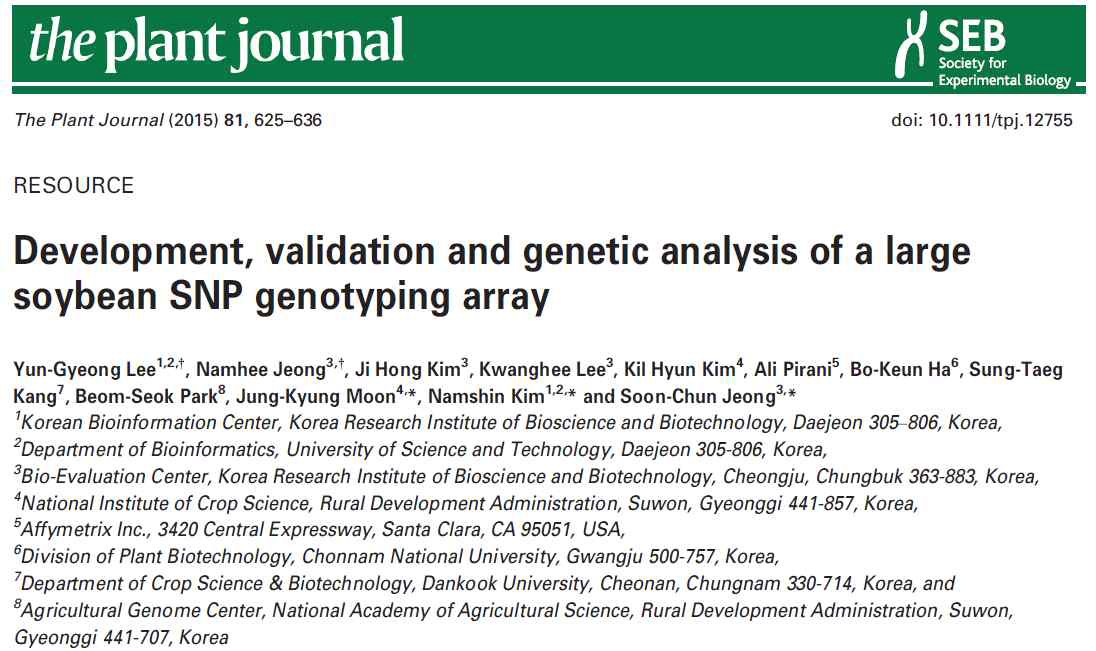 1단계 차세대바이오그린21에서 연구지원의 성과물로 개발된 soybean SNP genotyping array 논문. The Plant Journal에 2015년에 게재 승인되었으며 Affymetrix 홈페이지에서 카탈로그 상품의 하나로 판매되고 있음