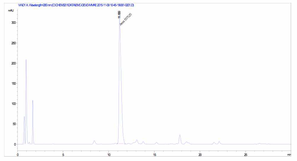 AcK(Boc)GD(tBu)E(tBu)VD(tBu)-PABC-MMAE의 HPLC 크로마토그램