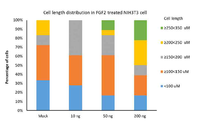 10, 50 그리고 200ng의 NbFGF2를 72시간 동안 NIH-3T3 세포에 처리 후 측정한 세포 길이. 50, 200ng의 NbFGF2를 처리했을 때 가장 큰 세포들이 많아짐을 확인
