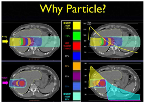 X선과 양성자선의 환자 내부의 장기를 치료할 때의 차이
