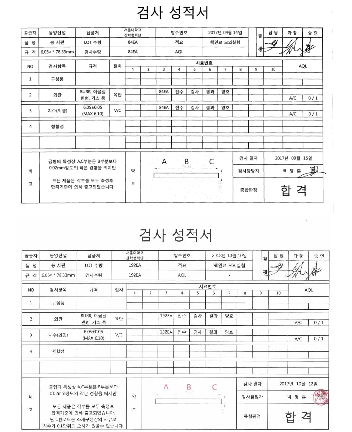 금속핵연료 모의시편 검사 성적서