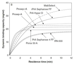 동일한 항체를 이용한 다양한 Affinity media의 Dynamic Binding Capacity(DBC). (Process Scale Purification of Antibodies, P83)