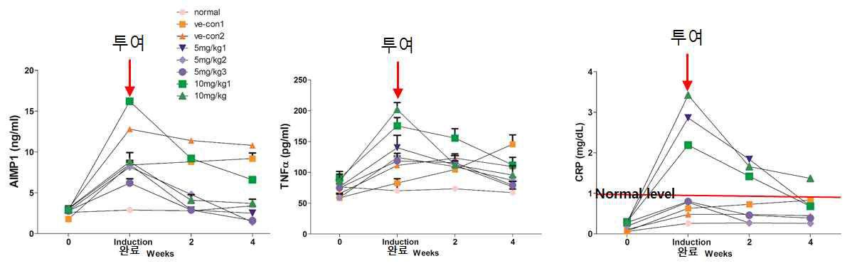 Cynomolgus monkey CIA 모델에서 항체 처리에 의한 AIMP1, TNFa 및 CRP level의 변화