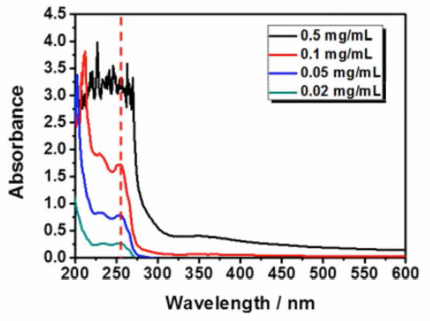 농도별 Polyvinylpyridine back bone의 UV-Vis, 255 nm peak을 통한 함량 분석