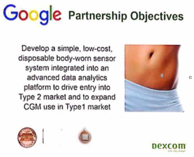Google-Dexcom 파트너십을 통해 개발될 초소형 연속혈당측정 시스템 (2015년 9월 EASD에서 Dexcom 에 의해 발표된 자료의 사진)