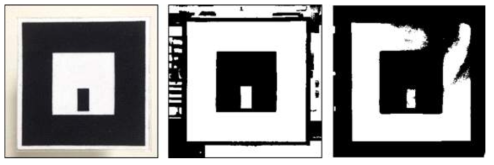 a) Duvetyne fabric 소재로 제작한 광학 마커 b) 이진화 촬영영상에서 반사광에 의한 마커 형태 왜곡이 적은 duvetyne 마커 c) 반사광에 의해 이진화 영상에서 왜곡이 나타나는 종이 마커