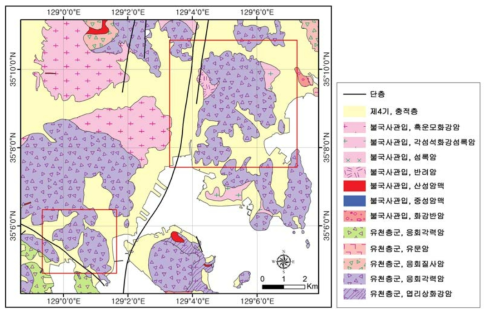 천마산(좌)과 황령산/금련산(우)의 지질도