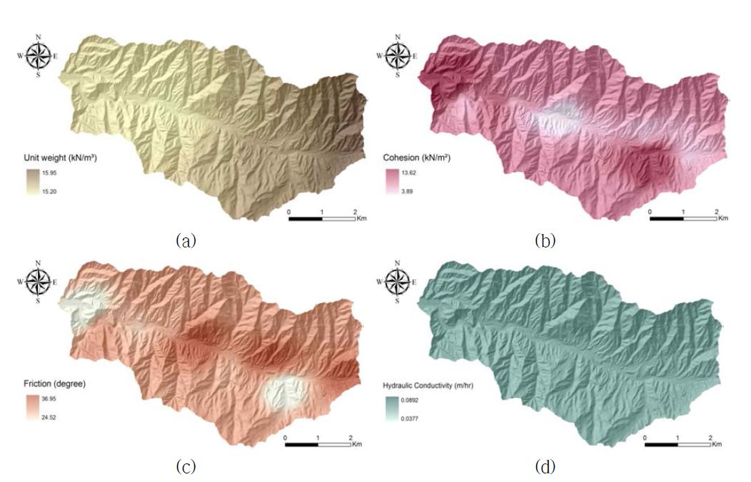 지질공학적 공간데이터 (a) 단위중량, (b) 점착력, (c) 마찰각, (d) 수리전도도