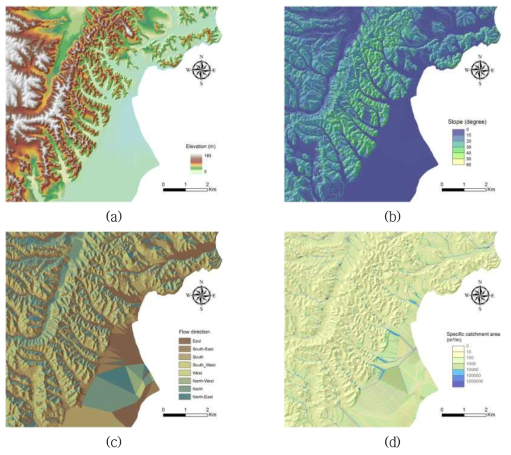 지형학적 공간데이터 (a) 사면 높이, (b) 사면 경사, (c) 흐름방향, (d) 집수면적