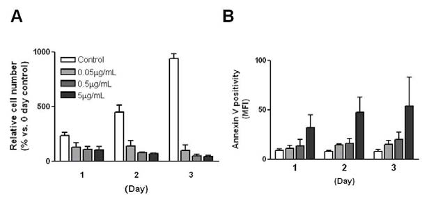 Doxorubicin 처리 농도에 따라 세포 노화와 세포사멸사 유도가 달라질 수 있음을 세포 증식률(A) 및 Annexin V 분석(B)을 통해 관찰