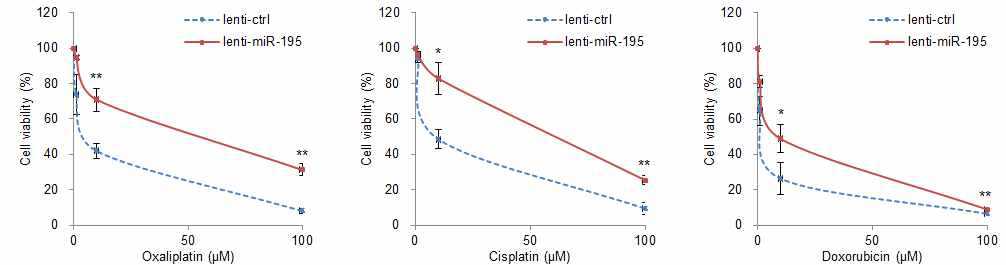 miR-195 클론의 oxaliplatin, cisplatin, doxorubicin에 대한 항암제 저항성 검증