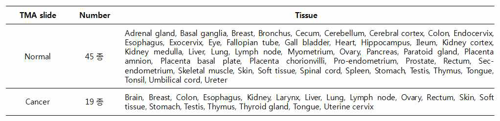분석에 사용된 암조직과 정상조직의 목록