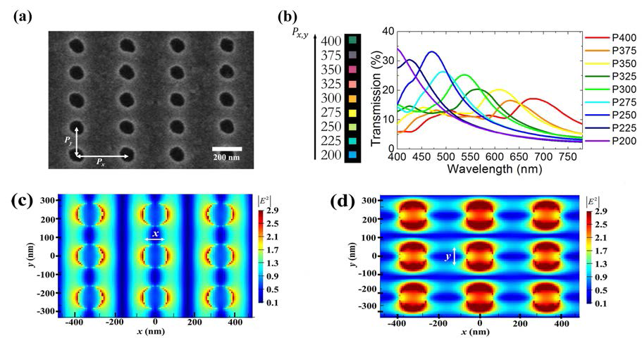 (a) Asymmetric 구조를 가지는 nano-structural color filter의 주사전자현미경 사진. (b) Nanohole 사이의 간격이 200~400nm로 변화할 때의 광학현미경 투과 사진 및 그 투과도. (c) x축 방향으로 편광이 적용 되었을 때의 FDTD simulation 결과. (d) y축으 방향으로 편광이 적용 되었을 때의 FDTD simulation 결과
