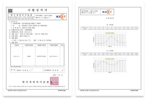 층간소음 방지용 유무기 하이브리드 소재 최종 시작품의 흡음률 시험 성적서