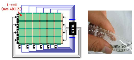 기존의 터치센서 cell 사이즈가 mm 인 경우, 오른쪽 그림과 같이 유연기판에 제작시 구부러지는 동안 reference cap 변화와 ITO가 쉽게 깨지는 한계성 보임