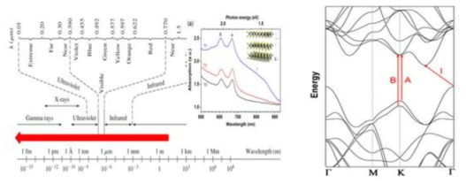 (좌) 2차원 나노판상 TMDC의 넓은 광반응 영역대(~1000nm) (우) DFT 시뮬레이션을 통한 MoS2 밴드구조. (단층일때는 1.8 eV direct bandgap, 다층일때 1.3 eV indirect bandgap)