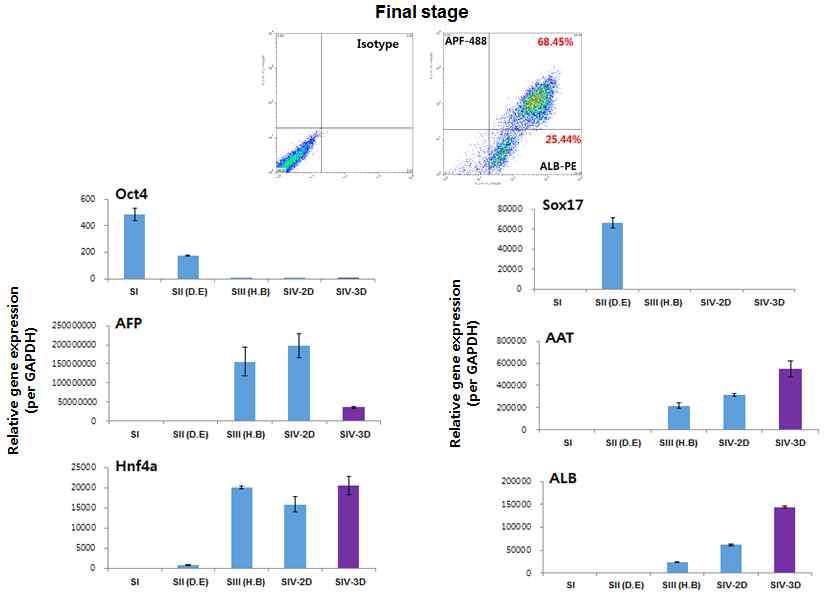 간세포 분화기법을 통해 분화시킨 간세포의 간세포 특이적 유전자 발현 조사 및 FACS 진행