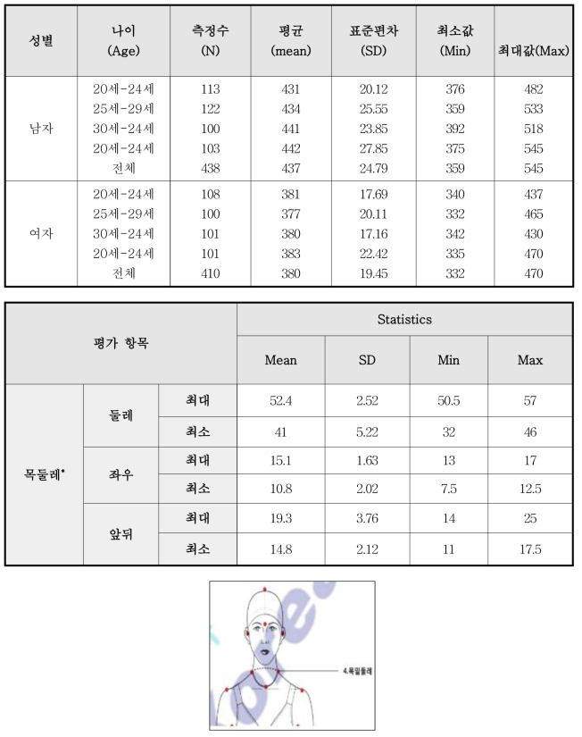 목밑 레에 대한 외국제품과 사이즈코리아의 데이터 비교