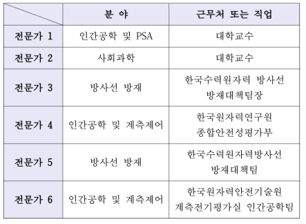 AHP 방법에 참여한 전문가의 분야, 근무처 또는 직업