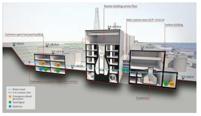 후쿠시마 원전 구조물과 기기의 해발 및 위치