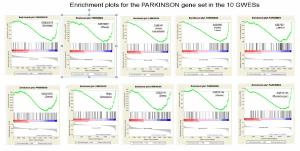 10개의 마이크로어레이 데이터 셋에서의 Parkinson 유전자집합의 통계적 유의도 검증 결과의 예