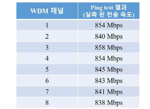WDM 채널 별 Ping test 결과
