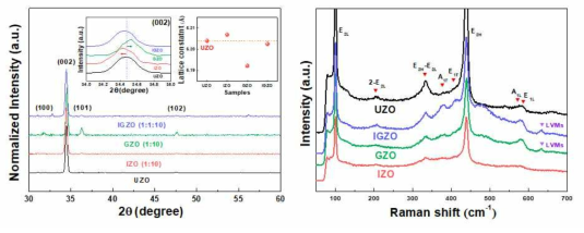 도핑물질에 따른 ZnO 나노로드의 XRD 패턴과 라만결과
