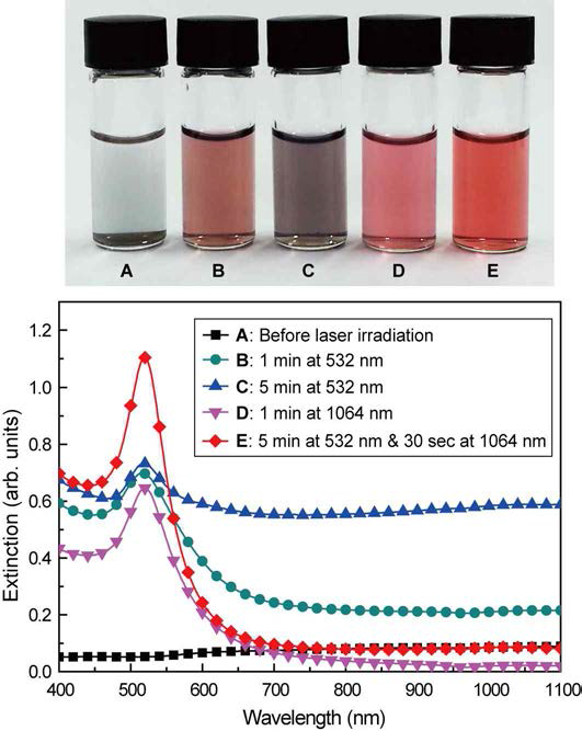 Colors and extinction spectra of Au aqueous solutions. A: before irradiation, B: after irradiation for 1 min with 532 nm pulses, C: after irradiation for 5 min with 532 nm pulses. D: after irradiation for 1 min with 1064 nm pulses, E: after irradiations for 5 min with 532 nm pulses and then for 30 s with 1064 nm pulses. Pulse energies were 250 mJ at 532 nm and 650 mJ at 1064 nm and the pulse repetition rate was 10 Hz at both wavelengths