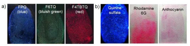 a) 다양한 색깔의 CPE, b)다양한 형광 단분자 염료에 의한 잠재지문 현출 이미지
