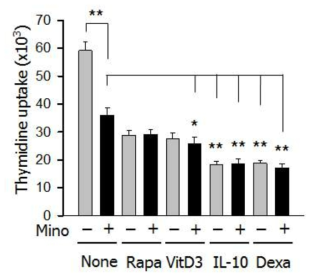 Minocycline을 단독 또는 기존 면역관용 수지상세포 생산 유도물질 (rapamycin, vitamine D3, IL-10, dexamethasone)과 병용하여 생산한 수지상세포의 allostimulatory capacity 비교