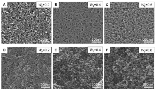 유기졸과 PEG의 함량비에 따른 PEG/유기분자망 모노리스 소재의 나노 구조를 관찰한 SEM 이미지. (A-C) 표면을 관찰한 이미지, (D-F) 필름을 잘라 단면을 관찰한 이미지
