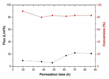 복합 반응기를 이용한 글루코오스 산화 반응의 투과 시간에 따른 flux 및 글루코오스 전환율