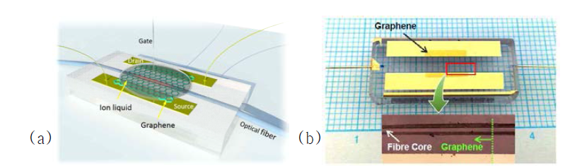 전기적 제어 가능한 그래핀 포토닉스 소자의 (a) 모식도와 (b) 실제 소자 사진